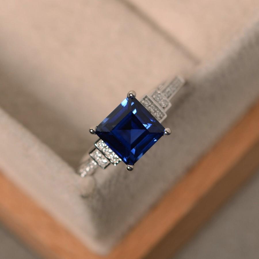 زفاف - Lab sapphire ring, square cut sapphire, engagement ring, sterling silver, September birthstone ring, promise ring