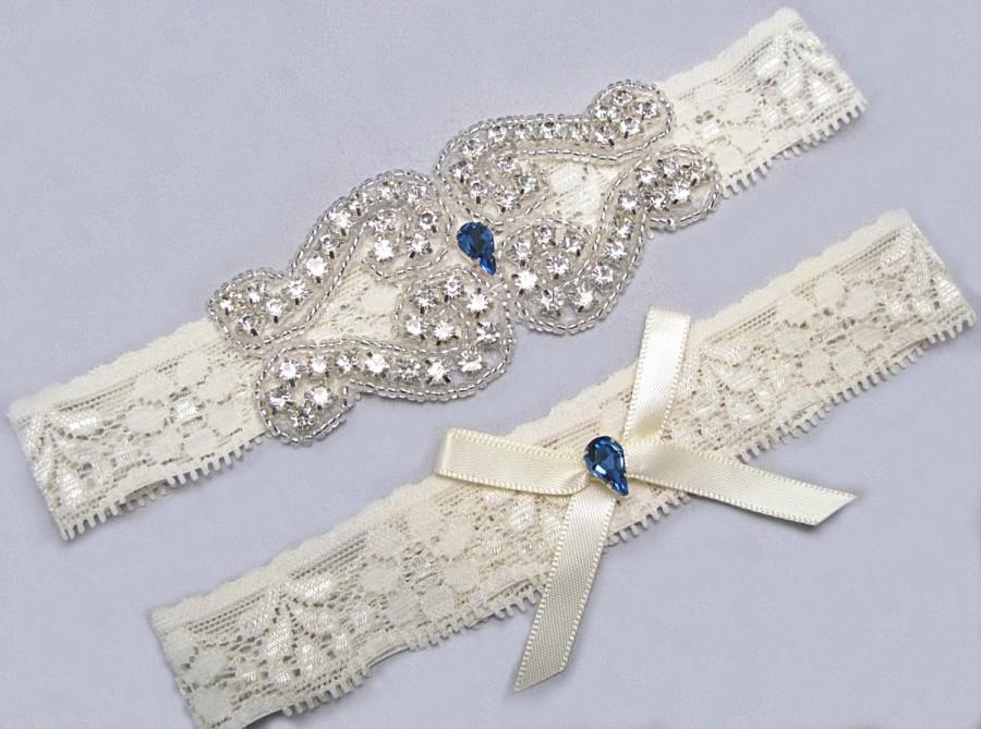 Hochzeit - Something Blue Wedding Garters, Ivory / White Lace Keepsake / Toss Bridal Garter Set, Crystal Rhinestone Custom Garter, Petite to Plus Size