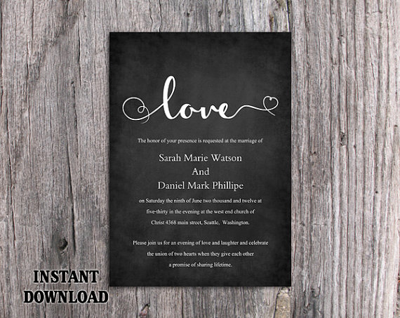 Wedding - DIY Wedding Invitation Template Editable Word File Instant Download Printable Chalkboard Wedding Invitation Black & White Heart Invitation