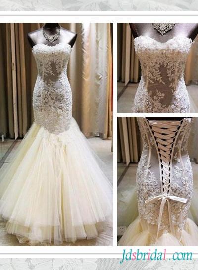 زفاف - H1560 Sexy sweetheart see through lace mermaid wedding dress
