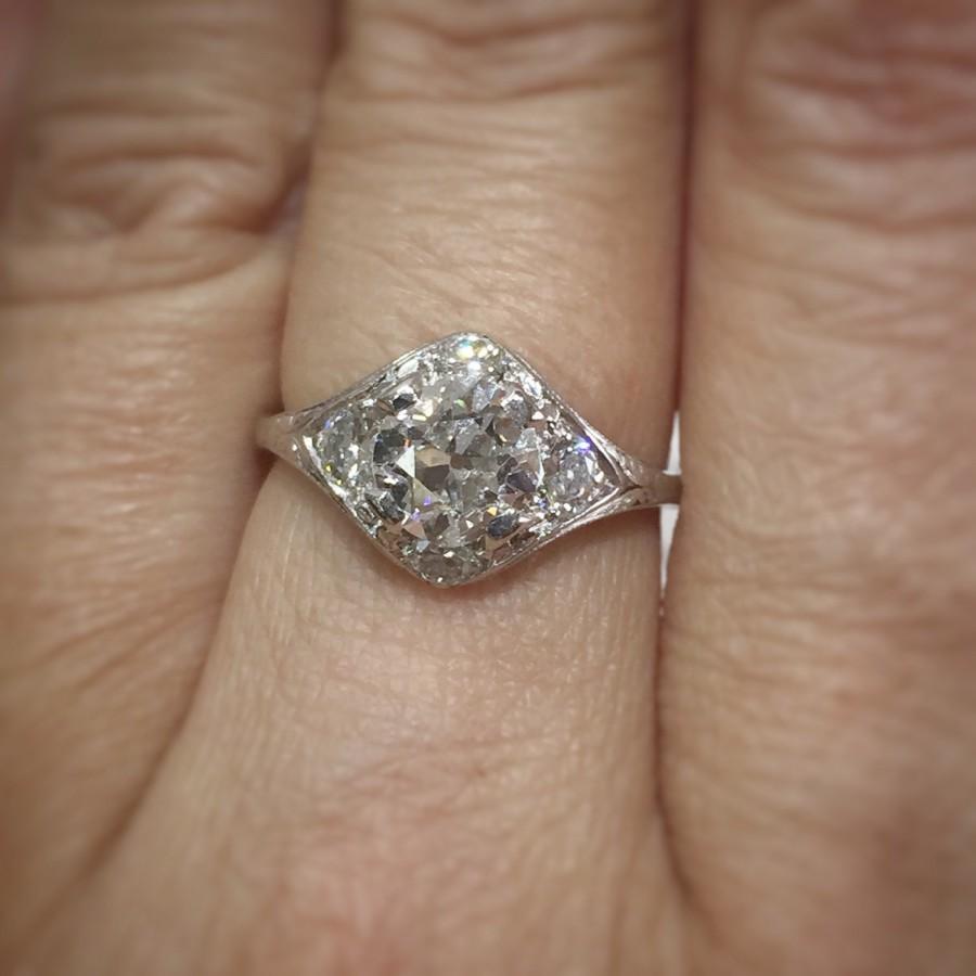 Hochzeit - Art Deco Diamond Engagement Ring In Platinum, Total Weight 1.6 Carats