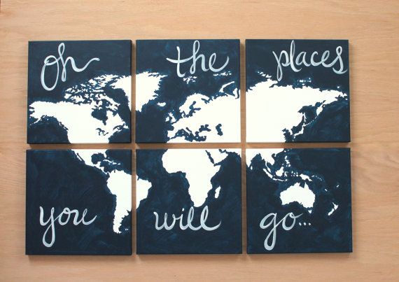 Mariage - World Map Canvas . Oh The Places You Will Go . 6 - 12x12's . Custom Colors . Hand Painted . Original . Dark Charcoal Gray Grey, Orange, Blue