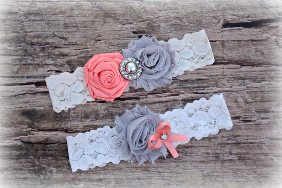 Mariage - Coral Gray Wedding Bridal Garter Belt Set Keepsake Toss Garder Spring Summer Rustic Wedding Inspiration