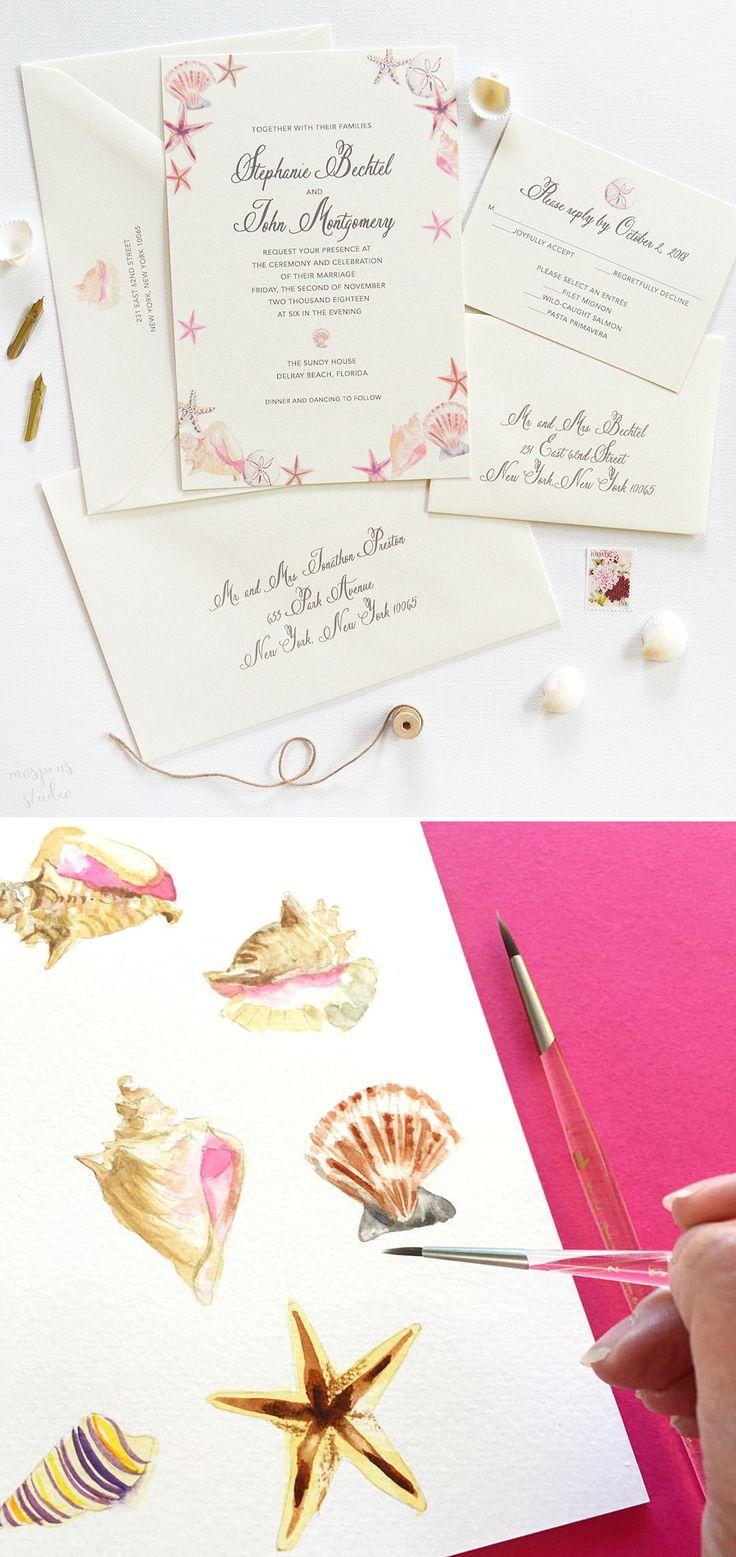 Wedding - Watercolor Seashells Wedding Invitations 