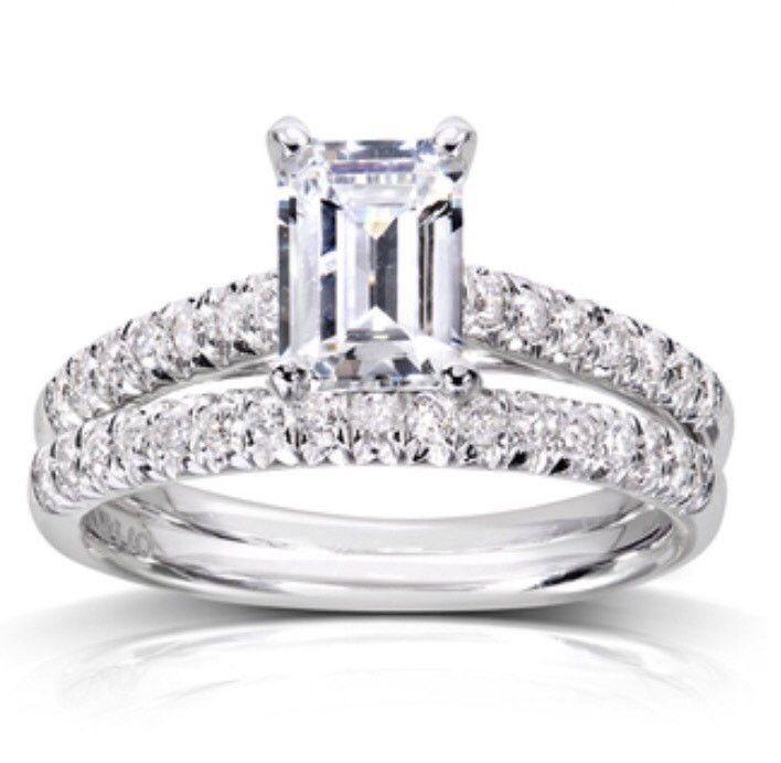 زفاف - Emerald Cut Diamond Solitaire Engagement Ring/ Wedding Band Set With Pave'd Bands. Set In Rhodium Plated Sterling