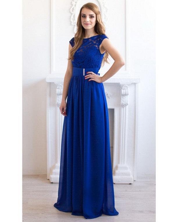 زفاف - Cobalt Blue Maxi Dress Chiffon Lace Dress Bridesmaid Evening Wedding Party Dress.