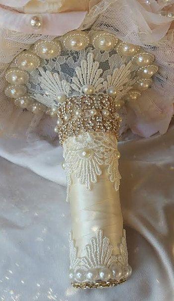 زفاف - Rose Gold Bridal Brooch Bouquet, Blush Pink And Ivory Rose Gold And Gold Bridal Bouquet, Handmade Rose Gold Jeweled Bouquet, DEPOSIT ONLY