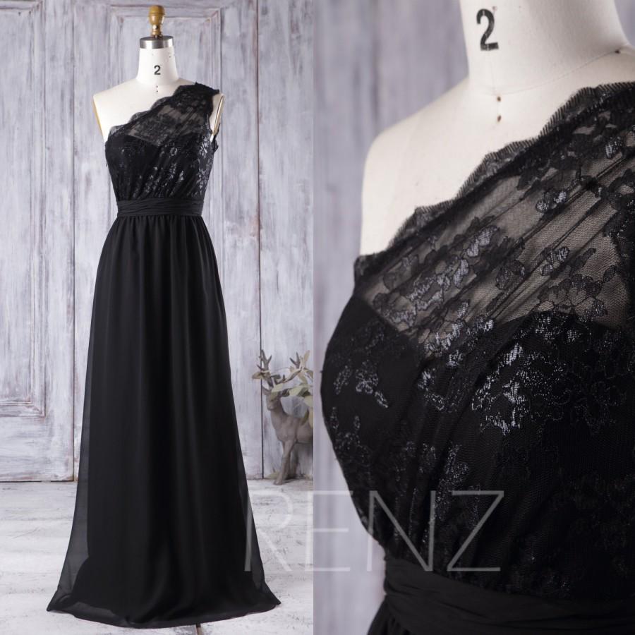 Hochzeit - 2016 Black Chiffon Bridesmaid Dress, One Shoulder Illusion Lace Wedding Dress, A Line Prom Dress Long, Women Formal Dress Floor Length(L105)