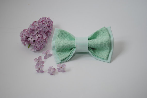 Wedding - Embroidered bowtie Mint striped pretied bow tie Groomsmen bow ties Men's bowtie Gifts for brother Unisex Birthday gift ミントストライプ事前結ば蝶ネクタイ