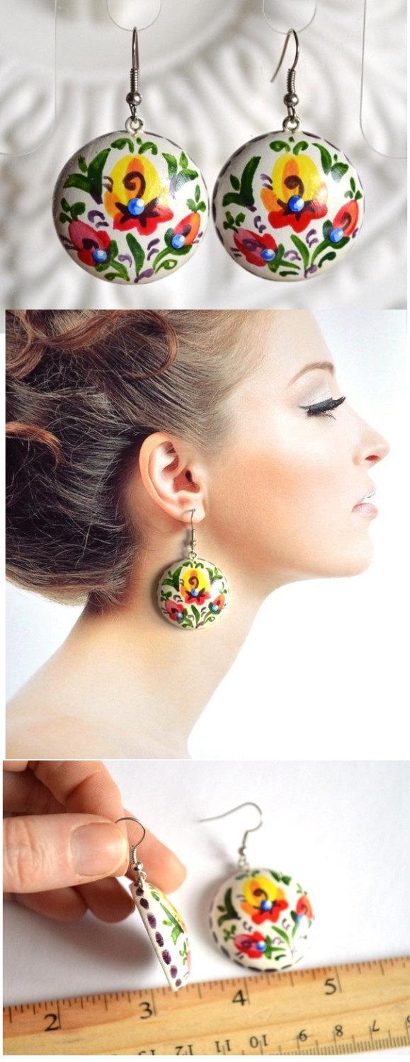 Свадьба - Bright colorful earrings of wood with hand painted Handmade boho jewelry Wooden earrings Gift idea for her Multicolored earings Handpainted