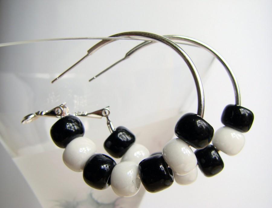 Mariage - Beaded Hoop Earrings, Monochrome Earrings, Silver Tone Earrings, Black and White, Simple Earrings