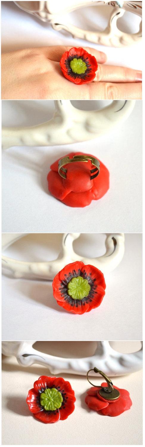 Wedding - Red Poppy Ring Polymer clay Red Flower Jewelry floral ring Nature jewelry gift idea for her gentle ring Romantic Jewelry handmade poppy