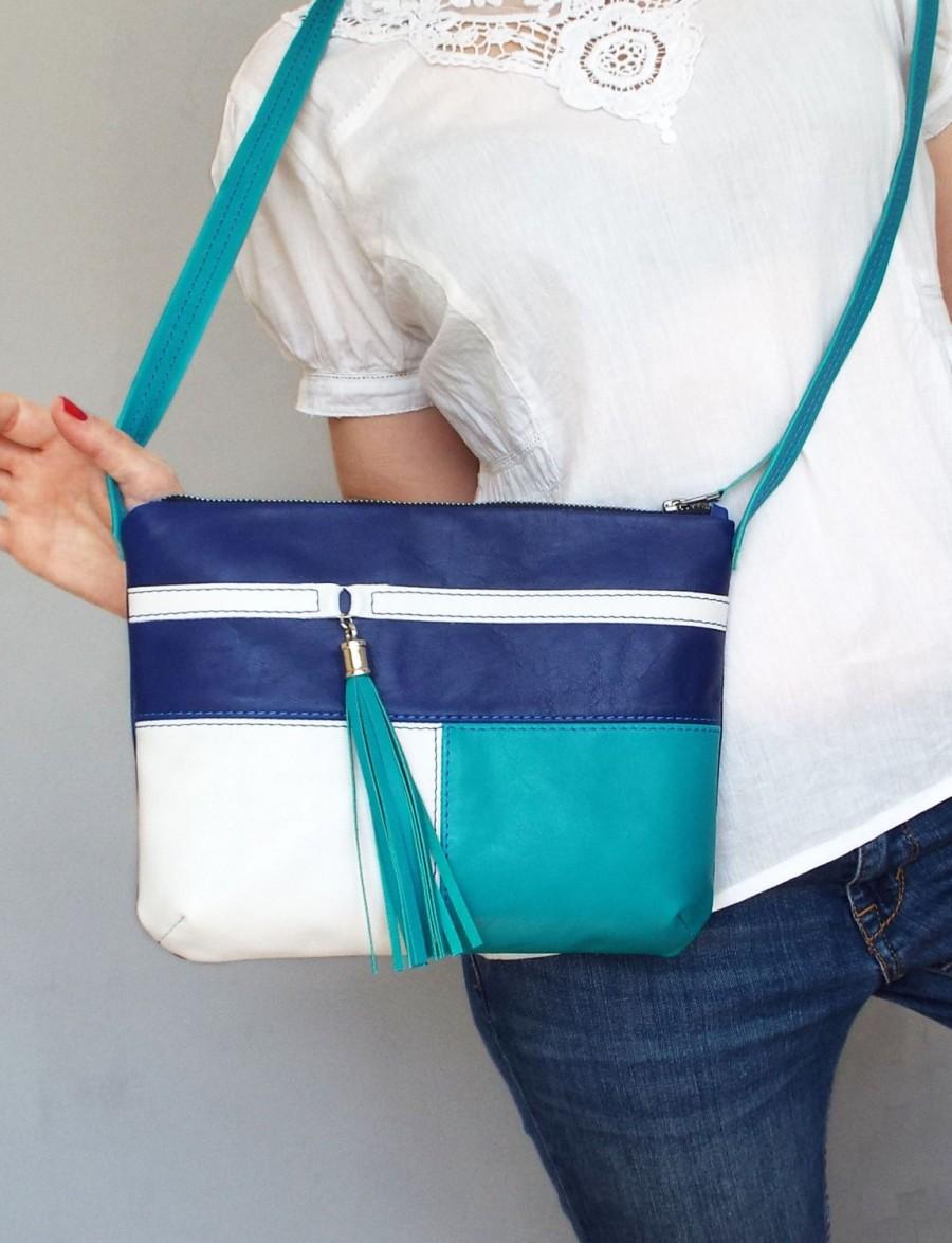 Wedding - Blue turquoise white leather crossbody bag. Small leather tassel purse.