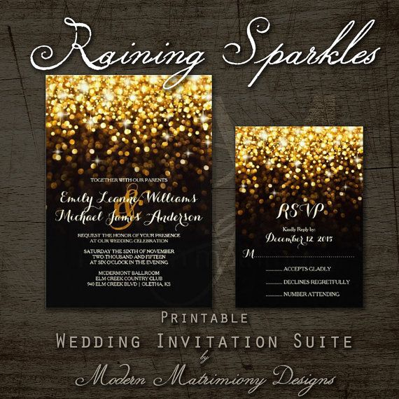 Hochzeit - Hollywood Glam Raining Gold Sparkles Vintage Elegant Mix And Match Printable Wedding Invitation Suite