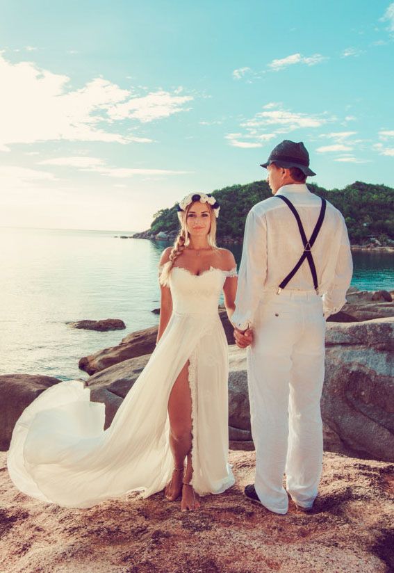 Hochzeit - Lace And Chiffon Off The Shoulder Sexy Slit Beach Wedding Dress