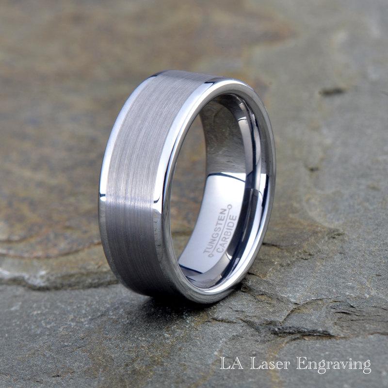 Wedding - Brushed Tungsten Ring, Mens Women's Tungsten Wedding Band, Polished Edge, 8mm, Comfort fit, Tungsten Carbide, Brushed Tungsten Carbide Ring