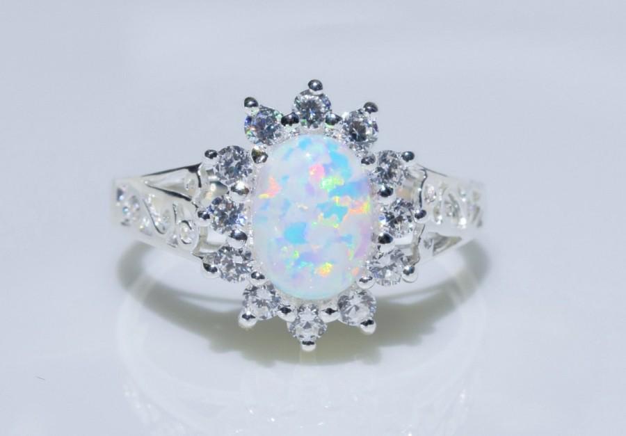 زفاف - Silver Filigree Opal Ring, Opal Halo Ring, Sterling Silver Cubic Zirconia Ring, Engagement Ring, Promise Ring, Wedding Ring