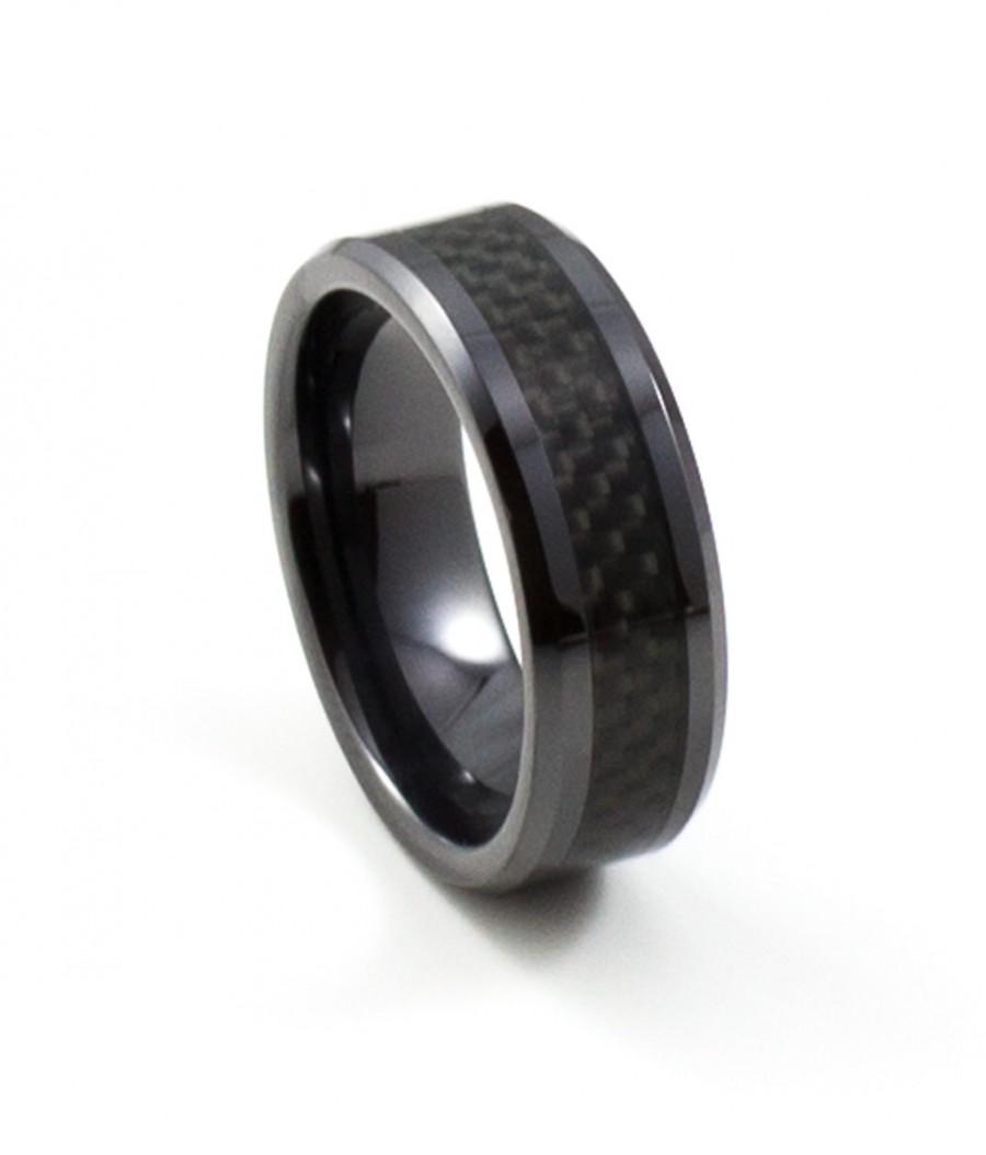 Wedding - Sleek Black Ceramic Ring with Carbon Fiber Inlay, Men's Wedding Band, Comfort Fit, 8MM