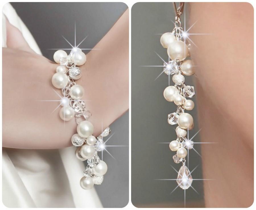 زفاف - Wedding Jewelry SET, Wedding Pearl Jewelry SET, Swarovski Jewelry SET, Pearl Cluster Bracelet and Earrings, Bridal Jewelry Set