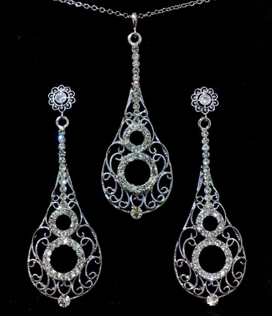 زفاف - Infinity Bridal Jewelry Set, Long Dangle Earrings, Swarovski Crystal Necklace, Figure Eight, CELLO