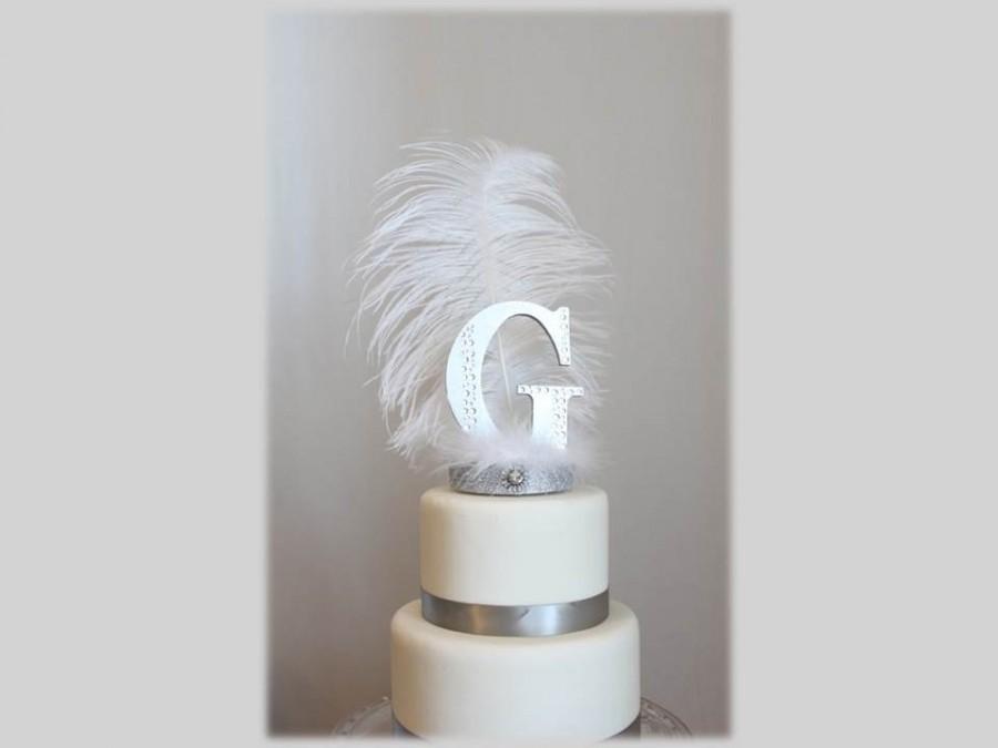 زفاف - Initial, Letter G Gatsby white and silver feather cake topper
