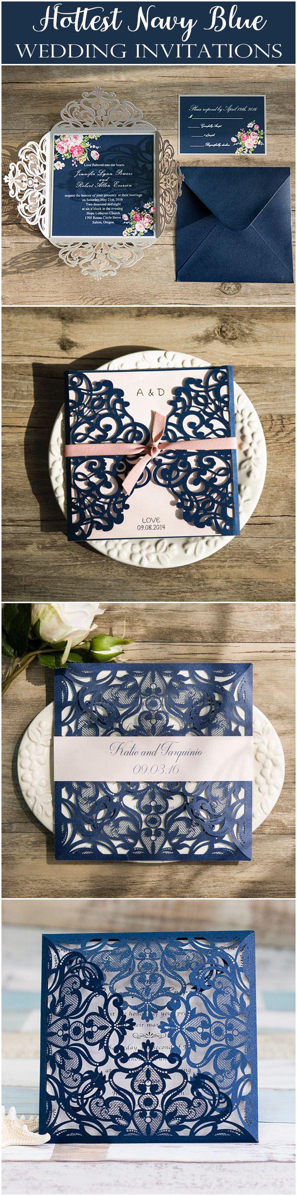 Mariage - Navy Blue Floral Silver Laser Cut Invitations EWWS090 As Low As $2.09