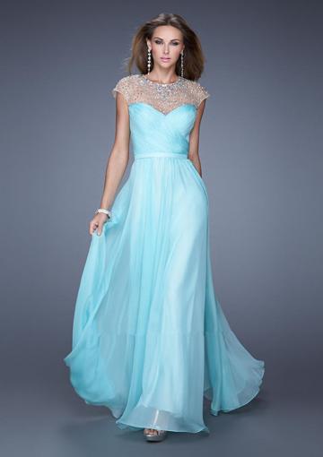 Wedding - Zipper Beading Chiffon Short Sleeves Tulle Blue Pink Ruched Floor Length