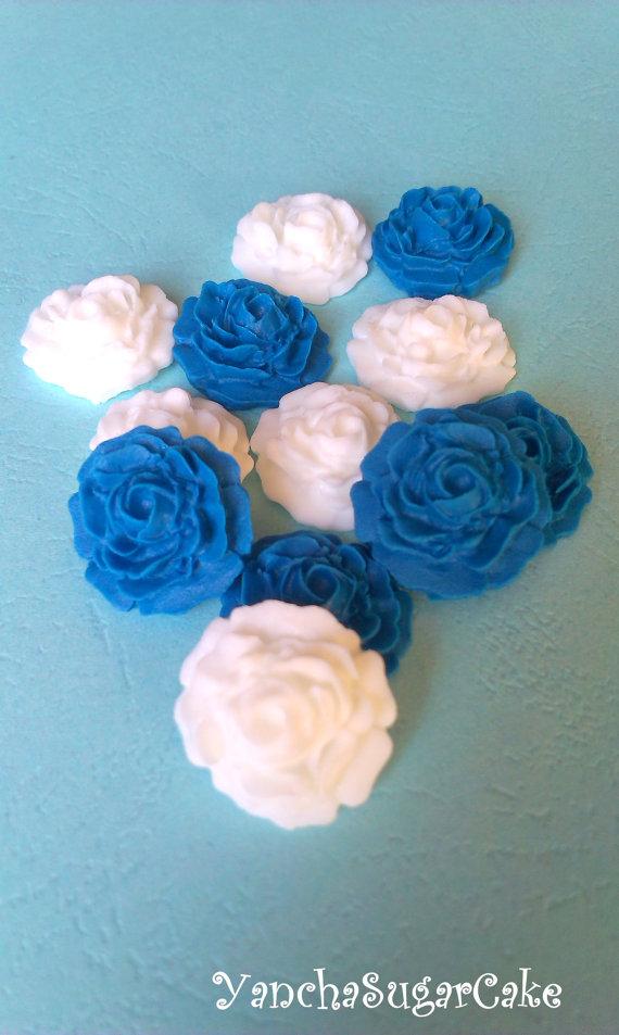 Wedding - Fondant edible sugar mini roses White Navy blue Gumpaste flowers Wedding Bridal shower Cupcake topper Cake Baby boy shower Christening favor