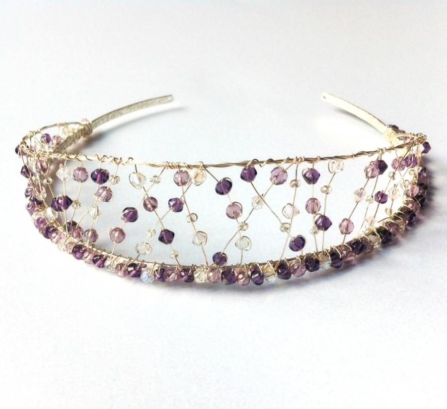 زفاف - Purple Beaded Tiara, Silver Wire Crown With Glass Beads And Swarovski Elements, Purple Prom Tiara, Bridal Headpiece, Glass Tiara,