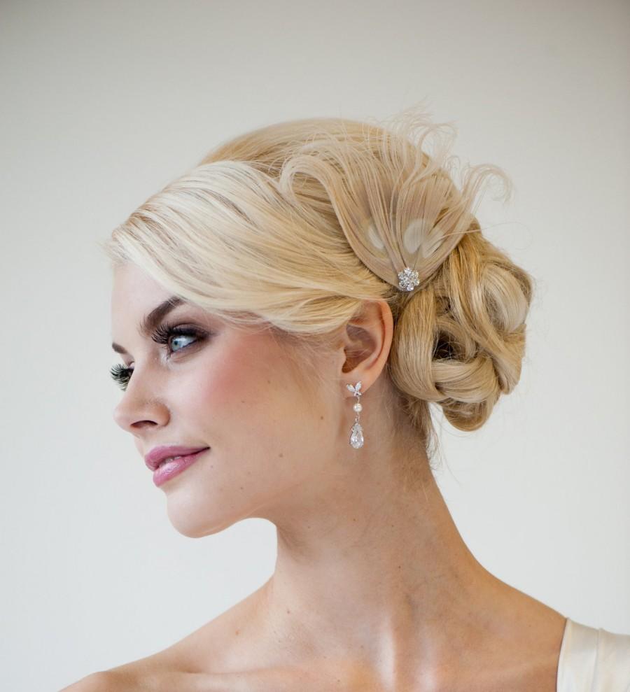 Wedding - Bridal Fascinator, Peacock Feather, Champagne, Light Gold, Feather Headpiece - STELLA