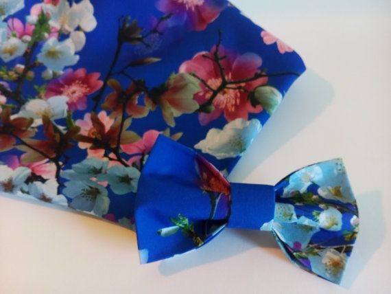Wedding - floral bow tie wedding groom cobalt blue blossom pink sakura necktie tie bride dress bowtie gift for him mens bowties fathetfluere bleu пю18