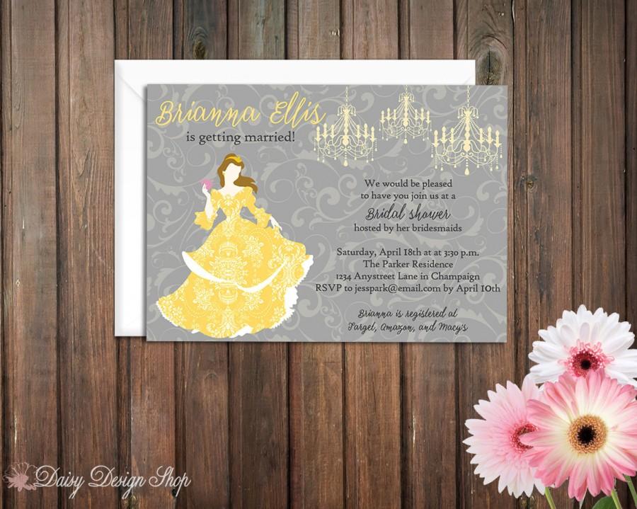 Hochzeit - Bridal Shower Invitation - Belle Princess Silhouette with Chandeliers and Damask - Beauty and the Beast