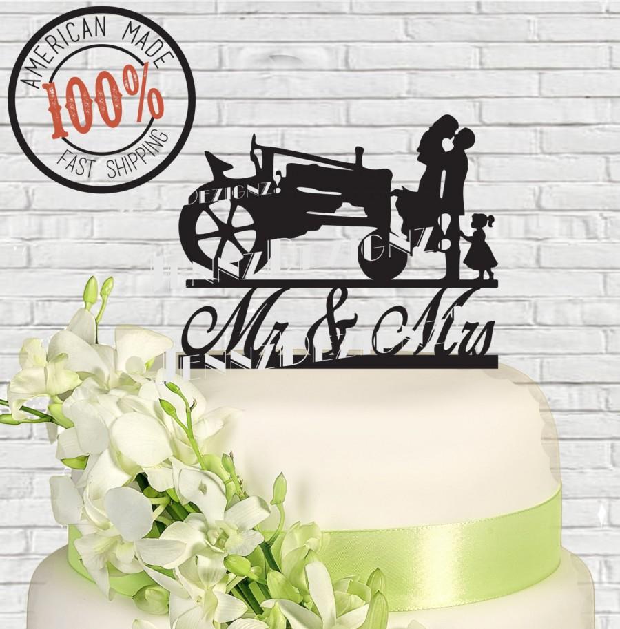 Wedding - Mr and Mrs Silhouette Couple with Small Child and Tractor  Made in USA