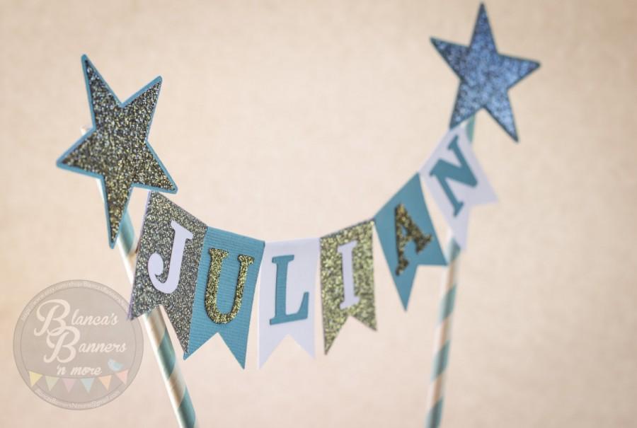 Hochzeit - Personalized Cake Bunting Banner Topper, White, Silver Glitter and Blue Card Stock with Glittery Stars on White and Blue Paper Straws
