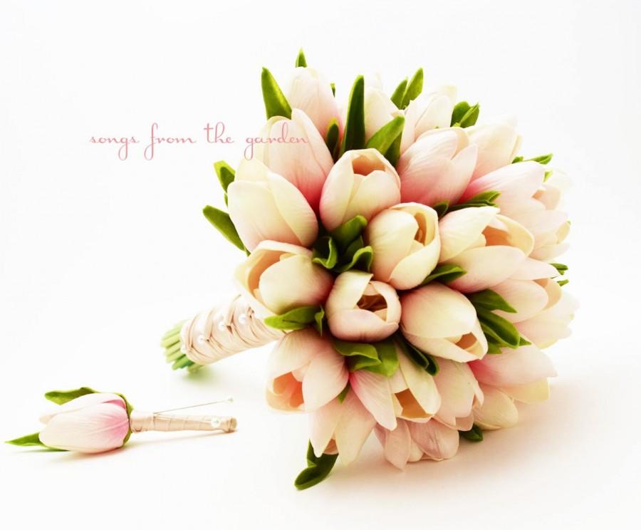 Wedding - Pink Real Touch Tulips Bridal Bouquet Groom's Boutonniere - Pink Champagne Real Touch Wedding Flower Package - Customize for Your Colors