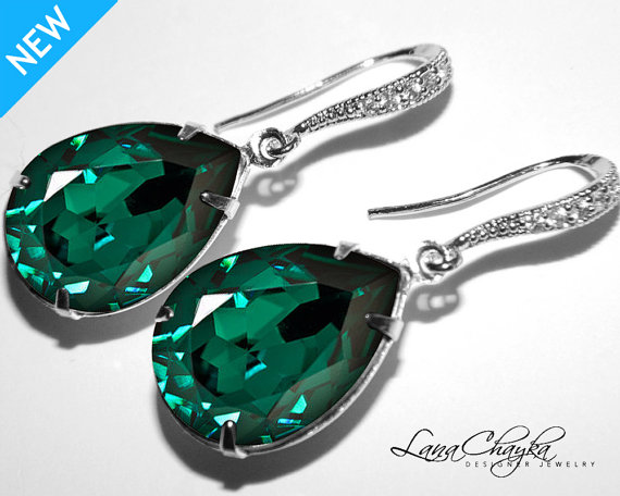 زفاف - Emerald Crystal Earrings, Sterling Silver CZ Green Earrings, Swarovski Emerald, Green Rhinestone Earrings, Emerald Dangle Earrings