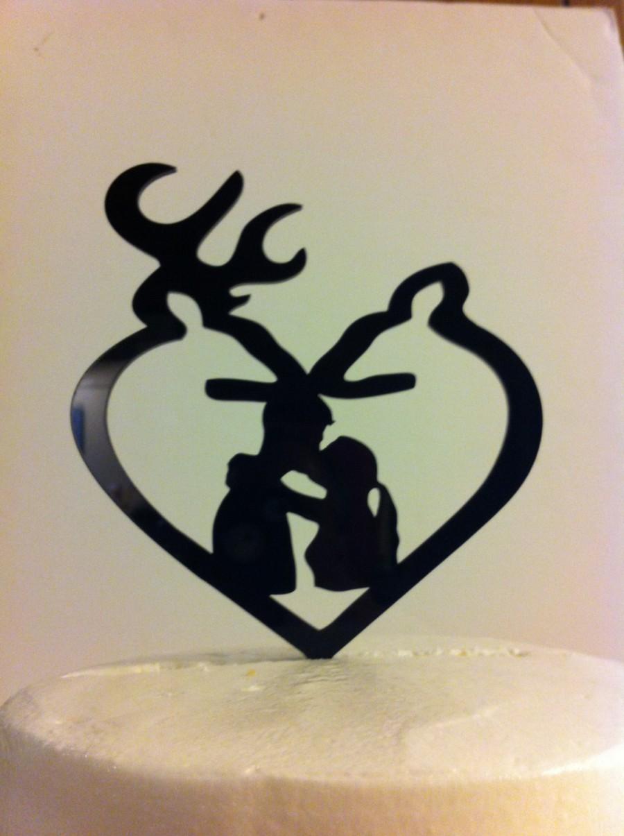Wedding - Acrylic, Rustic, Country Heart Silhouette Couple Buck and Doe Reversible  Deer Wedding Cake Topper.