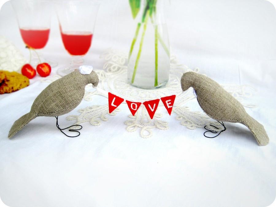 Wedding - Burlap LOVE Birds Wedding Cake Toppers with mini felt banner, Love Fabric Banner,Burlap Birds Cake toppers
