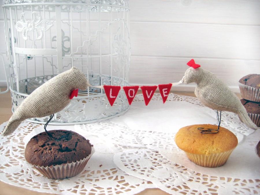 Hochzeit - Burlap LOVE Birds Wedding Cake Toppers with mini felt banner, Love Fabric Banner,Burlap Birds Cake toppers