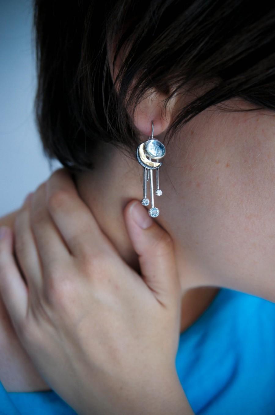 زفاف - Crescent moon and blue topaz earrings, unique earrings, cosmic jewelry, silver and gold earrings, modern jewelry, stars earring,contemporary