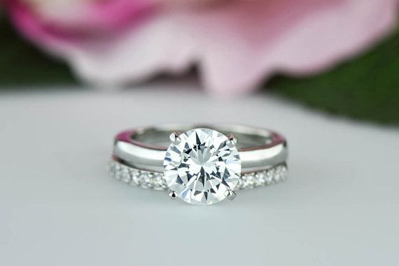 زفاف - 2 Ctw Classic Bridal Set, Round Solitaire Ring, Half Eternity Wedding Set, Man Made Diamond Simulant, Engagement Ring, Sterling Silver