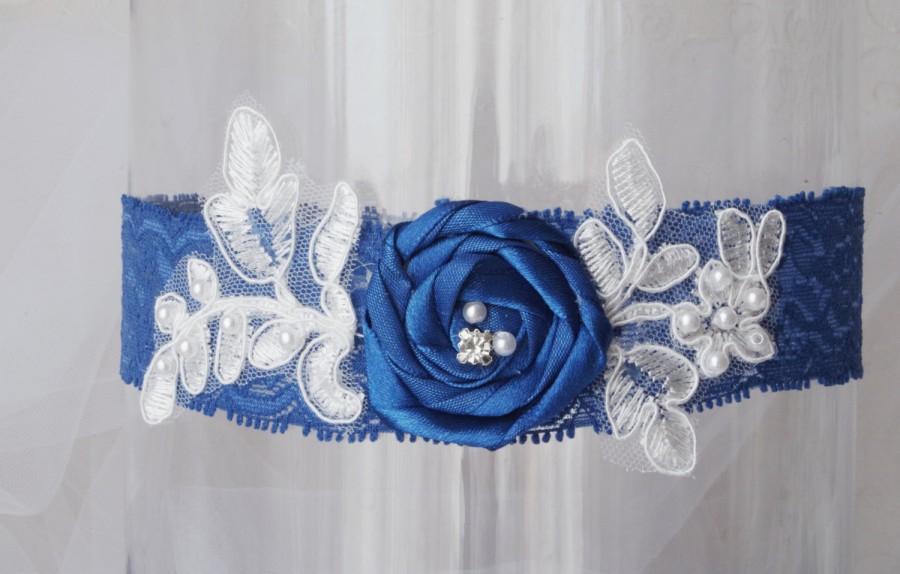 Wedding - Blue bridal garter Wedding garter Something blue garter Lace garter Blue wedding Ivory Garter Flowers garter Wedding flower garter Bride