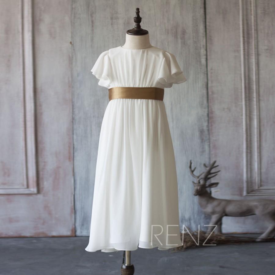 Hochzeit - 2016 Off White Junior Bridesmaid Dress, Gold Belt Ruffle Sleeve Flower Girl Dress, Ivory Floor length Dress (FK276)