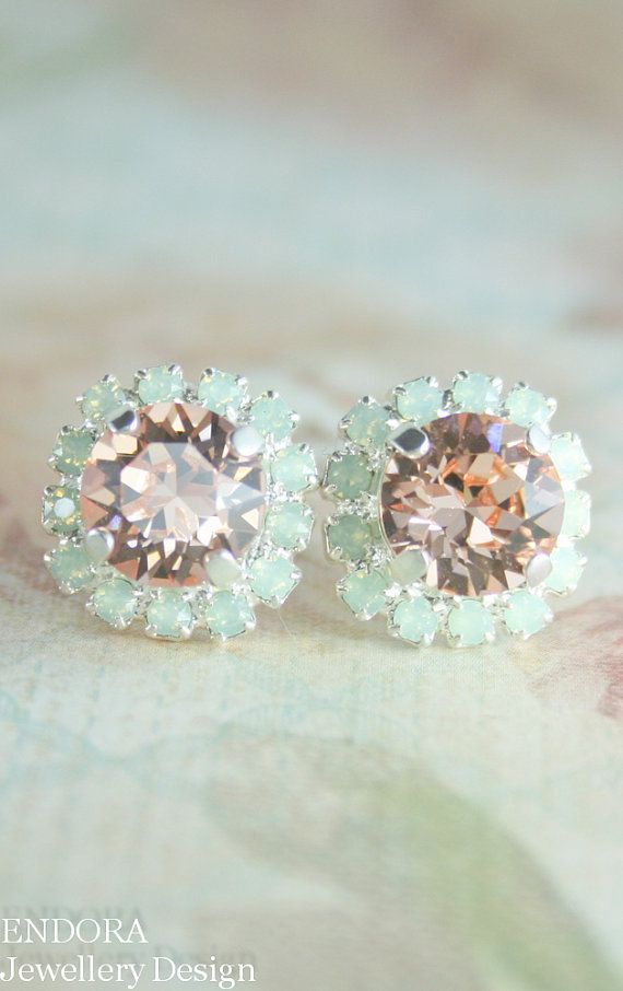 Hochzeit - Bridesmaid Earrings,bridal Earrings,swarovski Earrings,peach And Mint Earrings,peach And Mint Wedding,mint And Peach Wedding,peach Jewelry