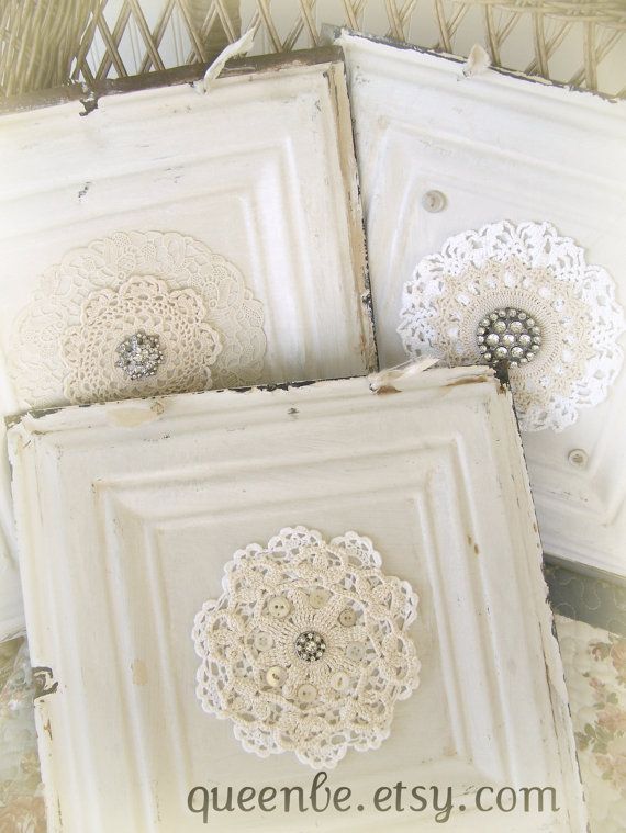 Hochzeit - Victorian Ceiling Tin Hanging Repurposed Ceiling Tin Magnet Board Vintage Lace Antique Decor Architectural Salvage Shabby White Decor