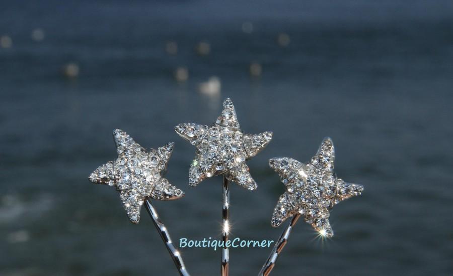 Wedding - Starfish Bridal Hair Clips( Set of 3) - Bridal Hair Accessory - Bridal Headpiece - Rhinestone Bobby Pins - Beach Wedding Hair Piece