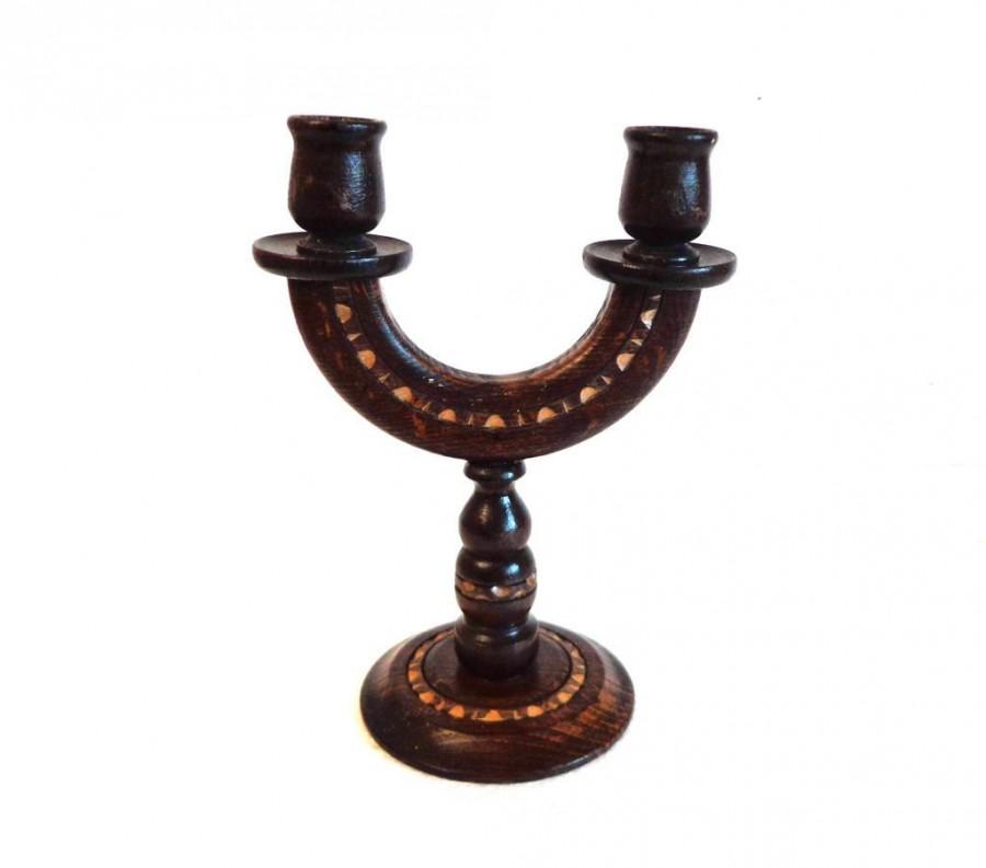 Свадьба - Vintage Bulgarian handmade wooden candle holder candlestick