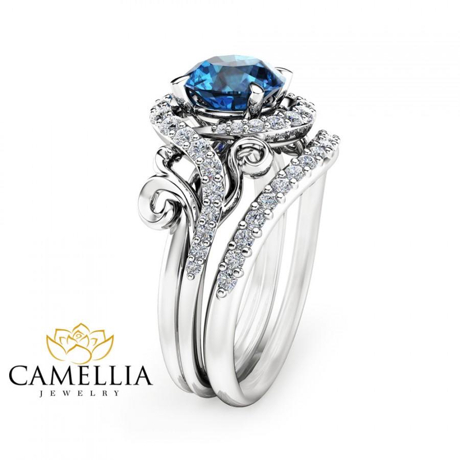 زفاف - London Blue Topaz Engagement Ring Set Unique 14K White Gold Topaz Ring with Matching Band Diamond Engagement Rings