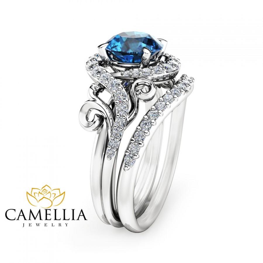 Свадьба - London Blue Topaz Engagement Ring Set Unique 14K White Gold Topaz Ring with Matching Band Diamond Engagement Rings