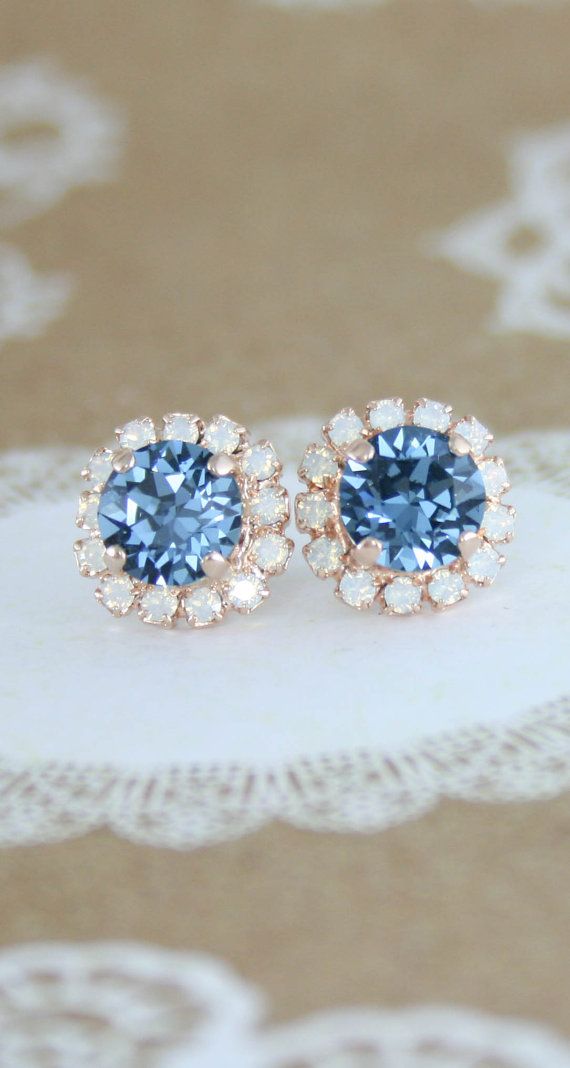 Wedding - Blue Crystal Earrings,Swarovski Denim Blue White Opal Rose Gold Halo Stud Earrings,halo Earrings,bridal Earrings,something Blue,opal Earring